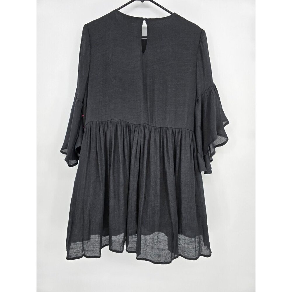 Umgee Medium Tunic Dress Black Boho Hippie Floral Embroidered Bell Sleeve - Picture 5 of 6